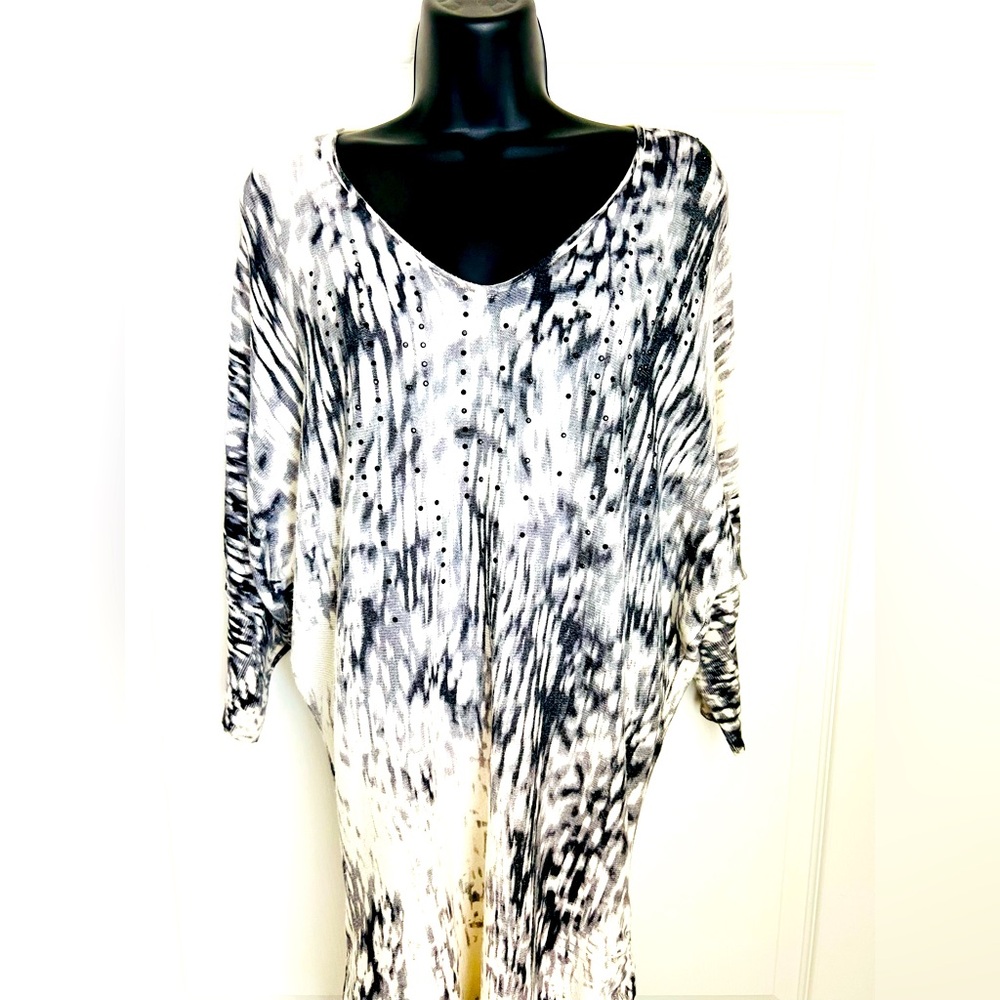 Calvin Klein Black and White Tie-Dye Dress Black Rhinestone Ruched Size M